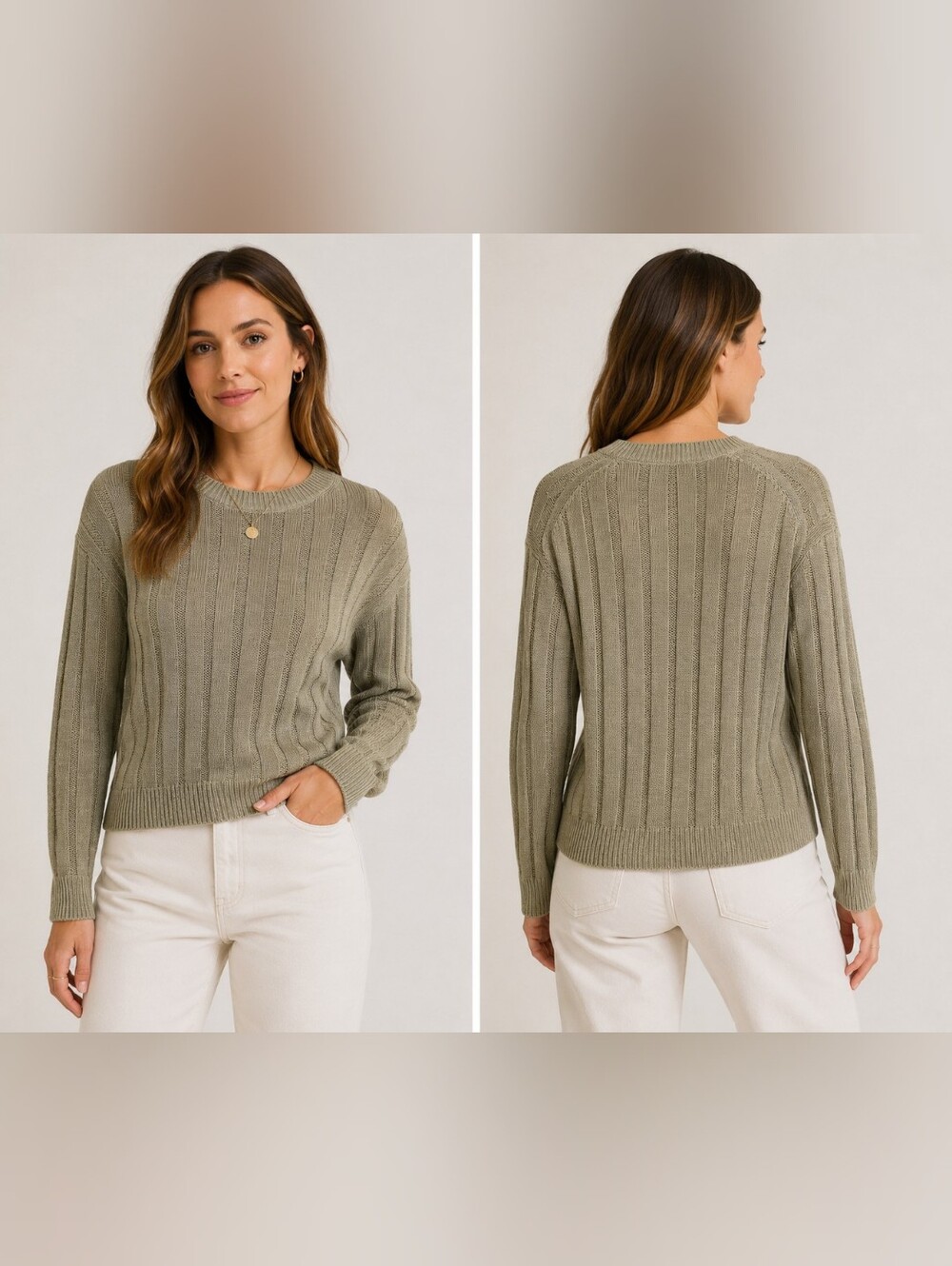 NWT Madewell 100% Linen Dune Rib Crewneck Sweater Light Sage XS Stretchy